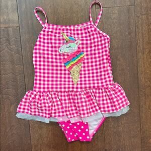 Flapdoodles Pink Gingham Unicorn One Piece Bathing Suit, Size 5
